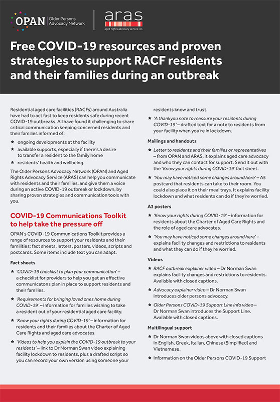 Free COVID-19 resources and proven strategies to support RACF residents and their families during an outbreak